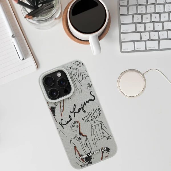 „Karl Lagerfeld“ grūdėto rašto ir logotipo „MagSafe“ dėklas, skirtas „iPhone 16 Pro Max“ – pilkas aprašymas - Prekės nuotrauka