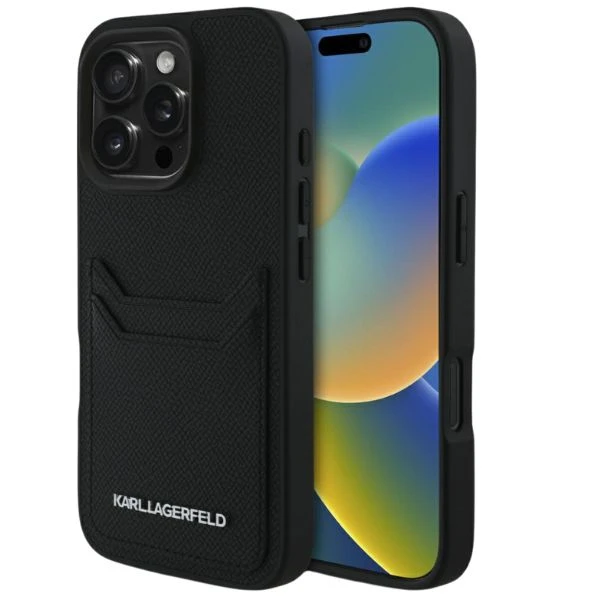 Karl Lagerfeld HC Grained PU Cardslot metalinis pailgas dėklas, skirtas iPhone 16 Pro Max - Juodas aprašymas - Prekės nuotrauka
