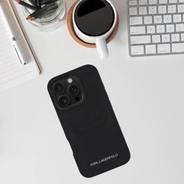 Karl Lagerfeld HC Grained PU Cardslot metalinis pailgas dėklas, skirtas iPhone 16 Pro Max - Juodas aprašymas - Prekės nuotrauka
