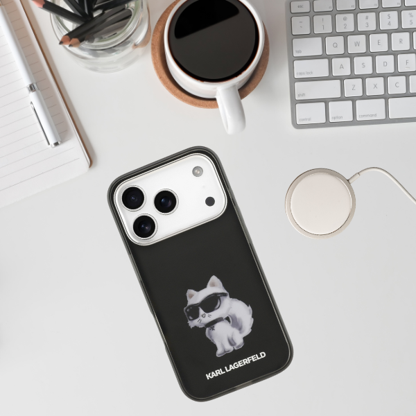 „Karl Lagerfeld IML Aquarelle Choupette & Logo MagSafe“ dėklas, skirtas „iPhone 17 Pro“ – Juodas aprašymas - Prekės nuotrauka