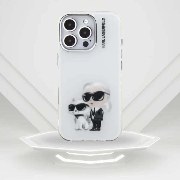 Karl Lagerfeld IML Aquarelle Karl & Choupette & Logo iPhone 16 Pro dėklas - Baltas aprašymas - Prekės nuotrauka