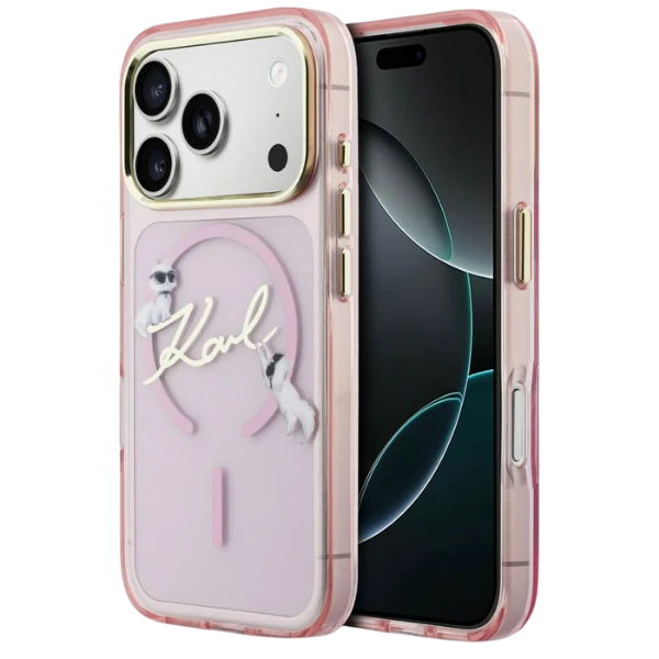 Dėklas Karl Lagerfeld IML Choupettes Karl Script Logo MagSafe Case for iPhone 17 Pro Max - Rožinė aprašymas - Prekės nuotrauka