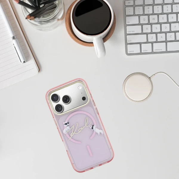 Dėklas Karl Lagerfeld IML Choupettes Karl Script Logo MagSafe Case for iPhone 17 Pro Max - Rožinė aprašymas - Prekės nuotrauka