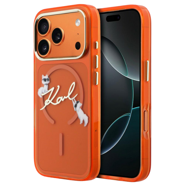 Dėklas Karl Lagerfeld IML Choupettes Karl Script Logo MagSafe Case for iPhone 17 Pro - Oranžinis aprašymas - Prekės nuotrauka