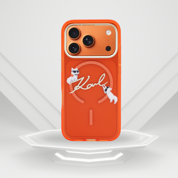Dėklas Karl Lagerfeld IML Choupettes Karl Script Logo MagSafe Case for iPhone 17 Pro - Oranžinis aprašymas - Prekės nuotrauka