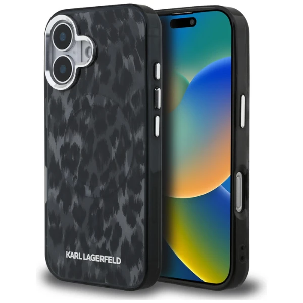 „Karl Lagerfeld IML“ leopardo rašto „MagSafe“ dėklas, skirtas „iPhone 16“ – Juodas aprašymas - Prekės nuotrauka
