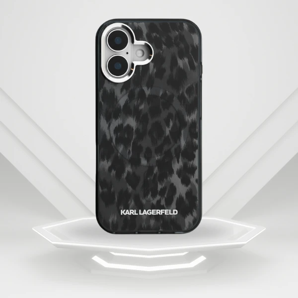 „Karl Lagerfeld IML“ leopardo rašto „MagSafe“ dėklas, skirtas „iPhone 16“ – Juodas aprašymas - Prekės nuotrauka