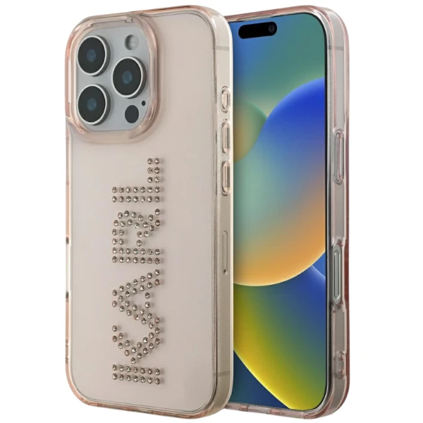Dėklas Karl Lagerfeld IML Rhinestones Logo iPhone 16 Pro Max Case - Rožinė aprašymas - Prekės nuotrauka
