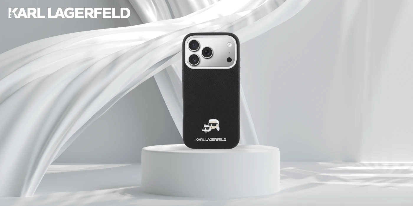 „Karl Lagerfeld Karl & Choupette Head Pins Saffiano MagSafe“ dėklas, skirtas „iPhone 17 Pro“ – Juodas aprašymas - Prekės nuotrauka