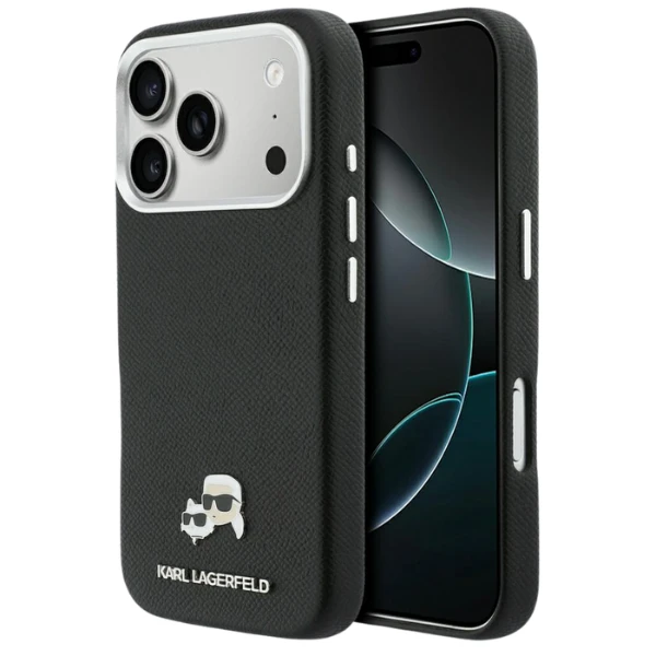 „Karl Lagerfeld Karl & Choupette Head Pins Saffiano MagSafe“ dėklas, skirtas „iPhone 17 Pro“ – Juodas aprašymas - Prekės nuotrauka