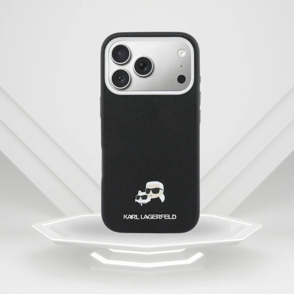 „Karl Lagerfeld Karl & Choupette Head Pins Saffiano MagSafe“ dėklas, skirtas „iPhone 17 Pro Max“ - Juodas aprašymas - Prekės nuotrauka