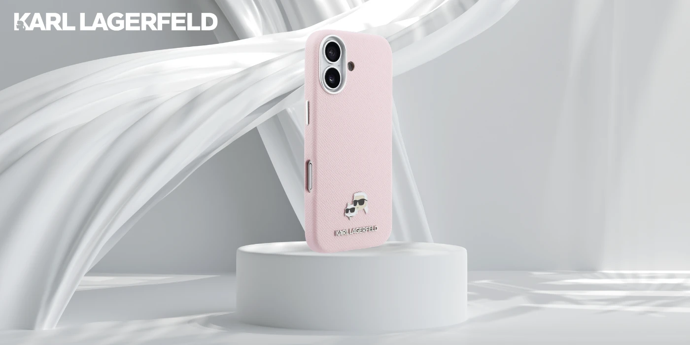 Karl Lagerfeld Karl & Choupette Head Pins Saffiano MagSafe dėklas iPhone 17 - Rožinė aprašymas - Prekės nuotrauka