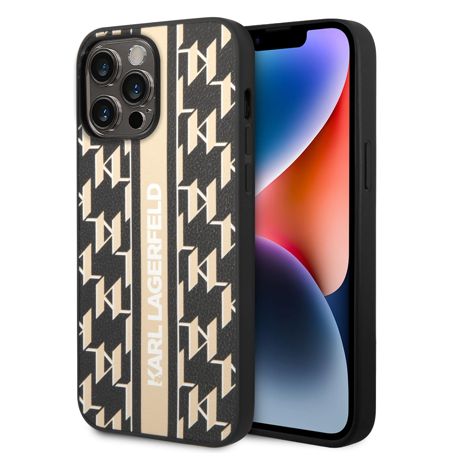 Karl Lagerfeld KLHCP14XPGKLSKW iPhone 14 Pro Max 6,7 colių kietasis dėklas Ruda / Ruda Monogram Stripe aprašymas - Prekės nuotrauka