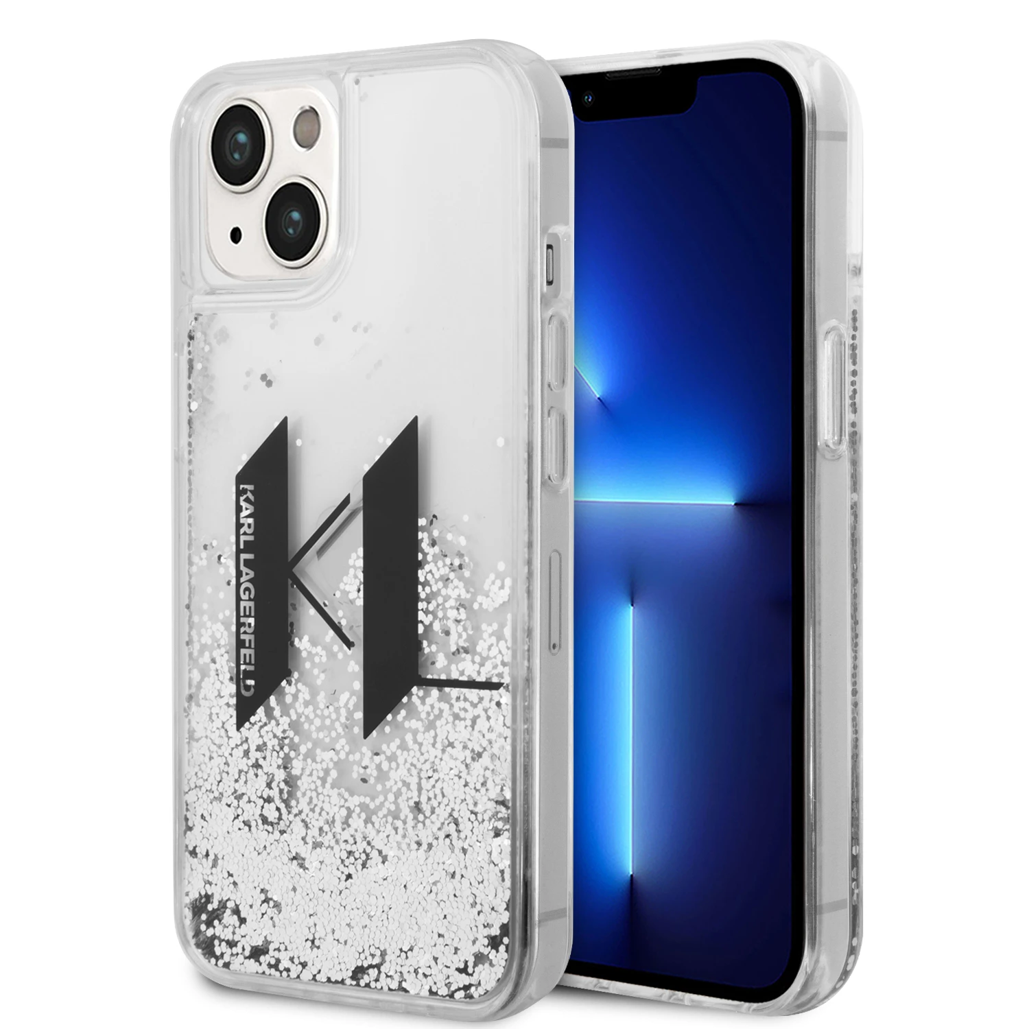 Karl Lagerfeld Liquid Glitter Big KL dėklas iPhone 14 telefonui - sidabrinis aprašymas - Prekės nuotrauka