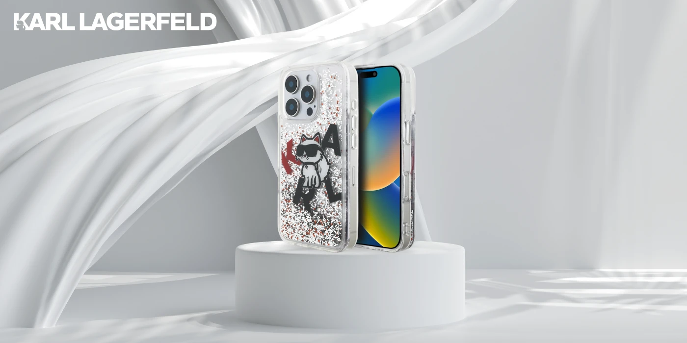 Karl Lagerfeld Liquid Blizgučiais puoštas „Choupette“ logotipo dėklas, skirtas iPhone 16 Pro – skaidrus aprašymas - Prekės nuotrauka