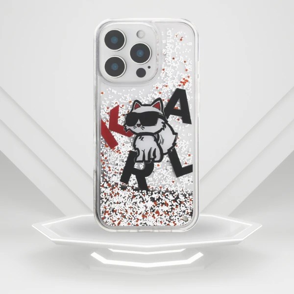 Karl Lagerfeld Liquid Blizgučiais puoštas „Choupette“ logotipo dėklas, skirtas iPhone 16 Pro – skaidrus aprašymas - Prekės nuotrauka