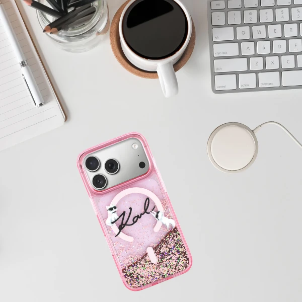 Dėklas Karl Lagerfeld Liquid Glitter Karl Script Logo MagSafe Case for iPhone 17 Pro - Rožinė aprašymas - Prekės nuotrauka