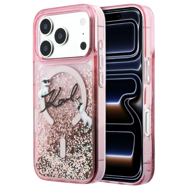 Dėklas Karl Lagerfeld Liquid Glitter Karl Script Logo MagSafe Case for iPhone 17 Pro - Rožinė aprašymas - Prekės nuotrauka