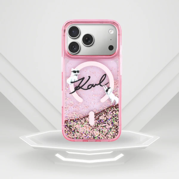 Dėklas Karl Lagerfeld Liquid Glitter Karl Script Logo MagSafe Case for iPhone 17 Pro - Rožinė aprašymas - Prekės nuotrauka