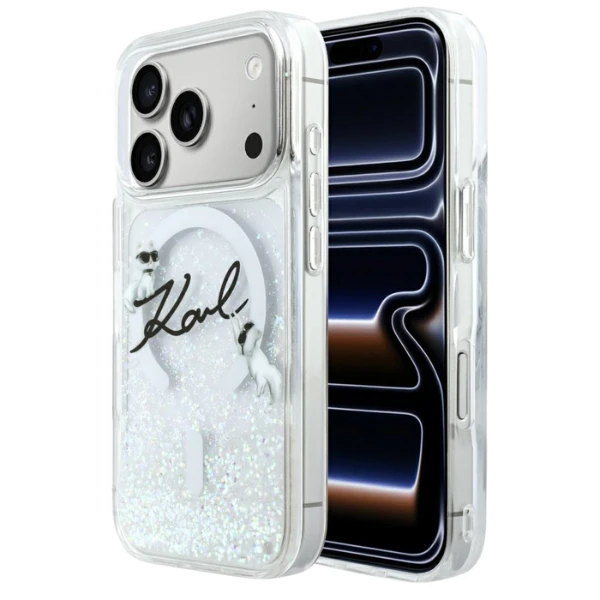 „Karl Lagerfeld“ skysto blizgučio „Karl Script“ logotipo „MagSafe“ dėklas, skirtas „iPhone 17 Pro“ – skaidrus aprašymas - Prekės nuotrauka