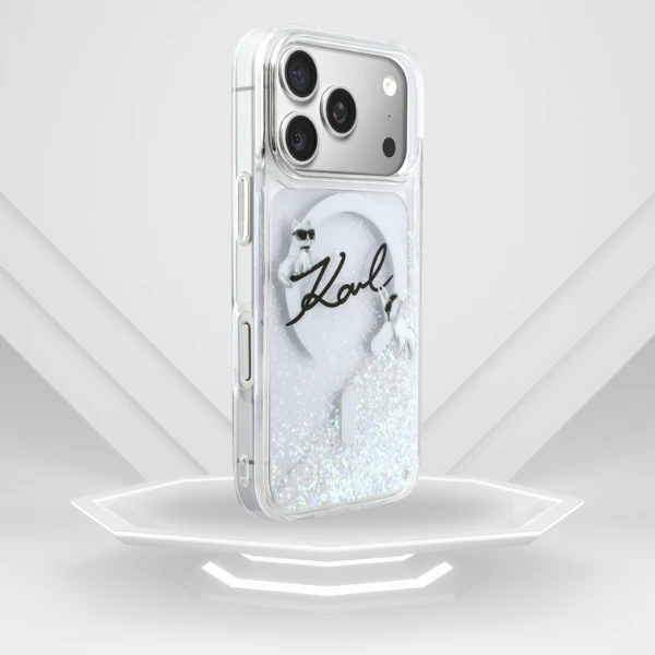 „Karl Lagerfeld“ skysto blizgučio „Karl Script“ logotipo „MagSafe“ dėklas, skirtas „iPhone 17 Pro“ – skaidrus aprašymas - Prekės nuotrauka
