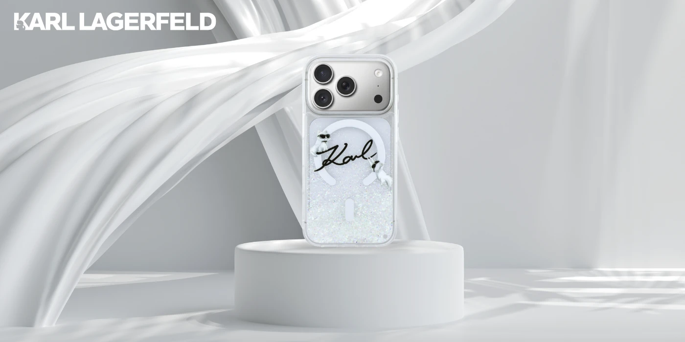 „Karl Lagerfeld“ skysto blizgučio „Karl Script“ logotipo „MagSafe“ dėklas, skirtas „iPhone 17 Pro“ – skaidrus aprašymas - Prekės nuotrauka