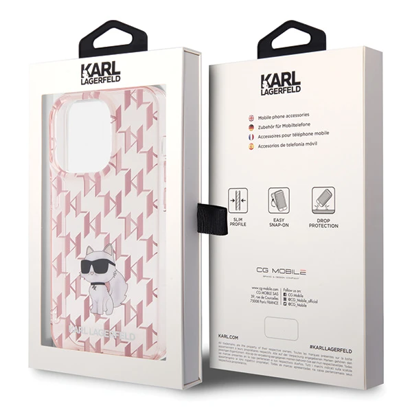 Dėklas Karl Lagerfeld Monogram Choupette iPhone 15 Pro Case - Rožinė aprašymas - Prekės nuotrauka