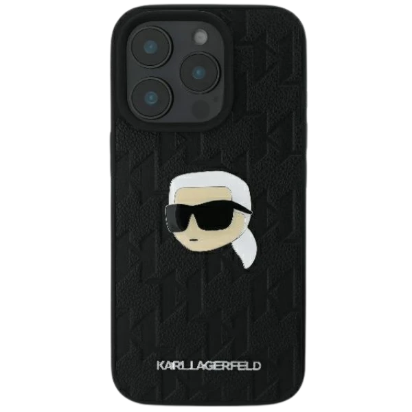 Apple iPhone 16 Karl Lagerfeld Saffiano Monogram Karl Head Pin (KLHCP16SPGKLKIPK) dėklas telefonui juodos spalvos aprašymas - Prekės nuotrauka