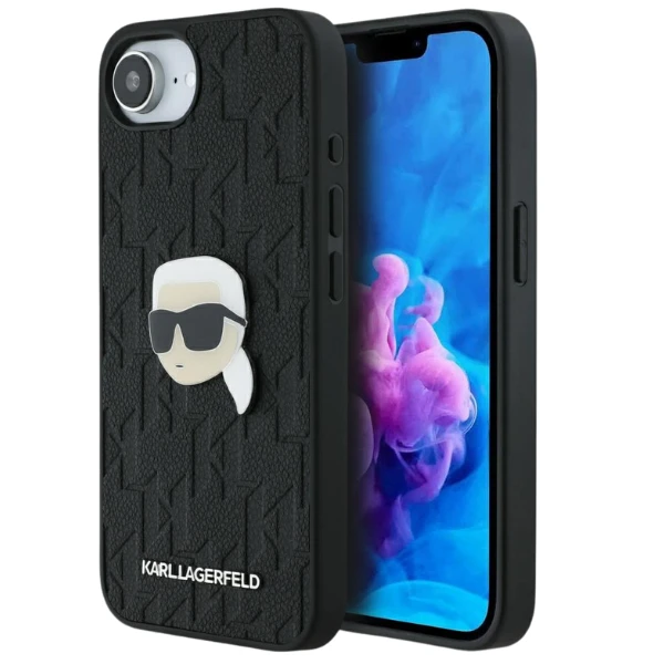 Dėklas Karl Lagerfeld Monogram Karl Head Pin iPhone 16e Case - Juodas aprašymas - Prekės nuotrauka