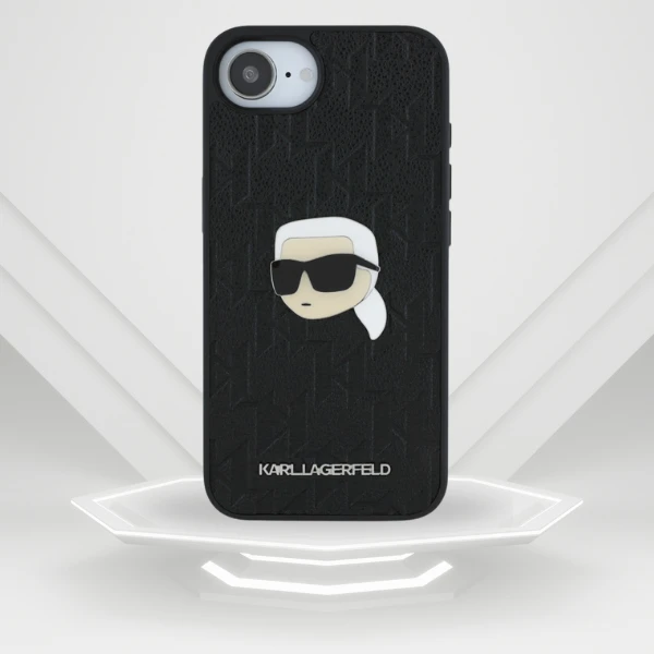 Dėklas Karl Lagerfeld Monogram Karl Head Pin iPhone 16e Case - Juodas aprašymas - Prekės nuotrauka