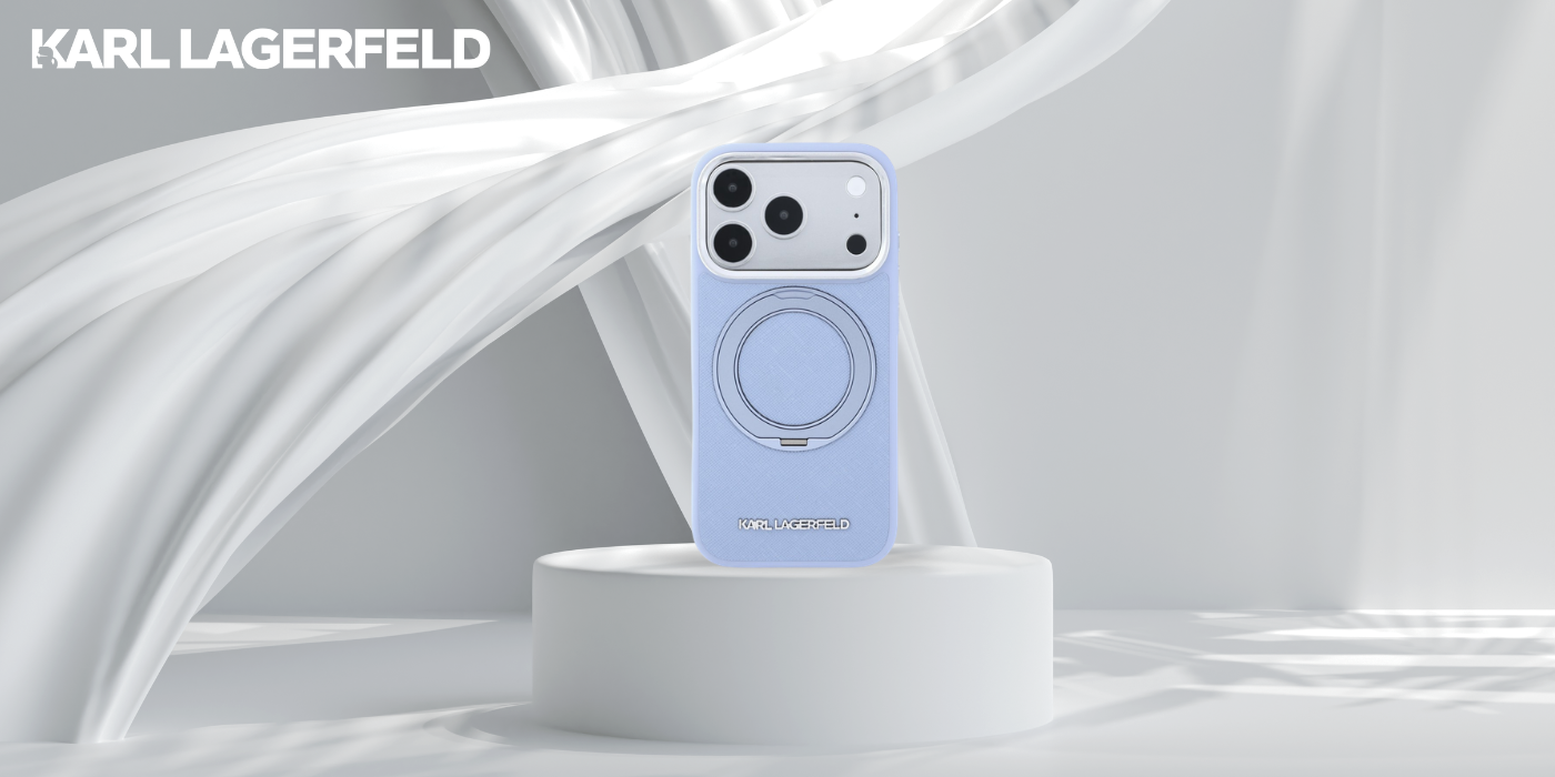 Dėklas Karl Lagerfeld Ring Stand 360 Saffiano Classic Logo MagSafe Case for iPhone 18 Pro / 17 Pro - Light Mėlyna aprašymas - Prekės nuotrauka
