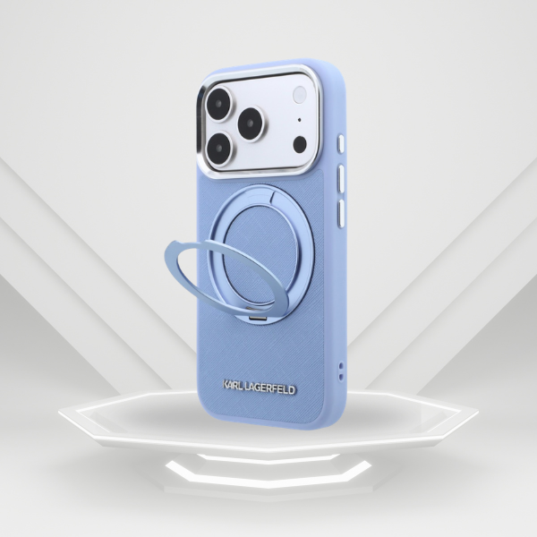 Dėklas Karl Lagerfeld Ring Stand 360 Saffiano Classic Logo MagSafe Case for iPhone 18 Pro / 17 Pro - Light Mėlyna aprašymas - Prekės nuotrauka