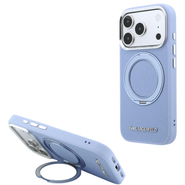 Dėklas Karl Lagerfeld Ring Stand 360 Saffiano Classic Logo MagSafe Case for iPhone 18 Pro Max / 17 Pro Max - Light Mėlyna aprašymas - Prekės nuotrauka