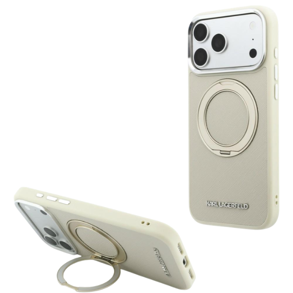 Dėklas Karl Lagerfeld Ring Stand 360 Saffiano Classic Logo MagSafe Case for iPhone 18 Pro Max / 17 Pro Max - rusvai gelsvas aprašymas - Prekės nuotrauka