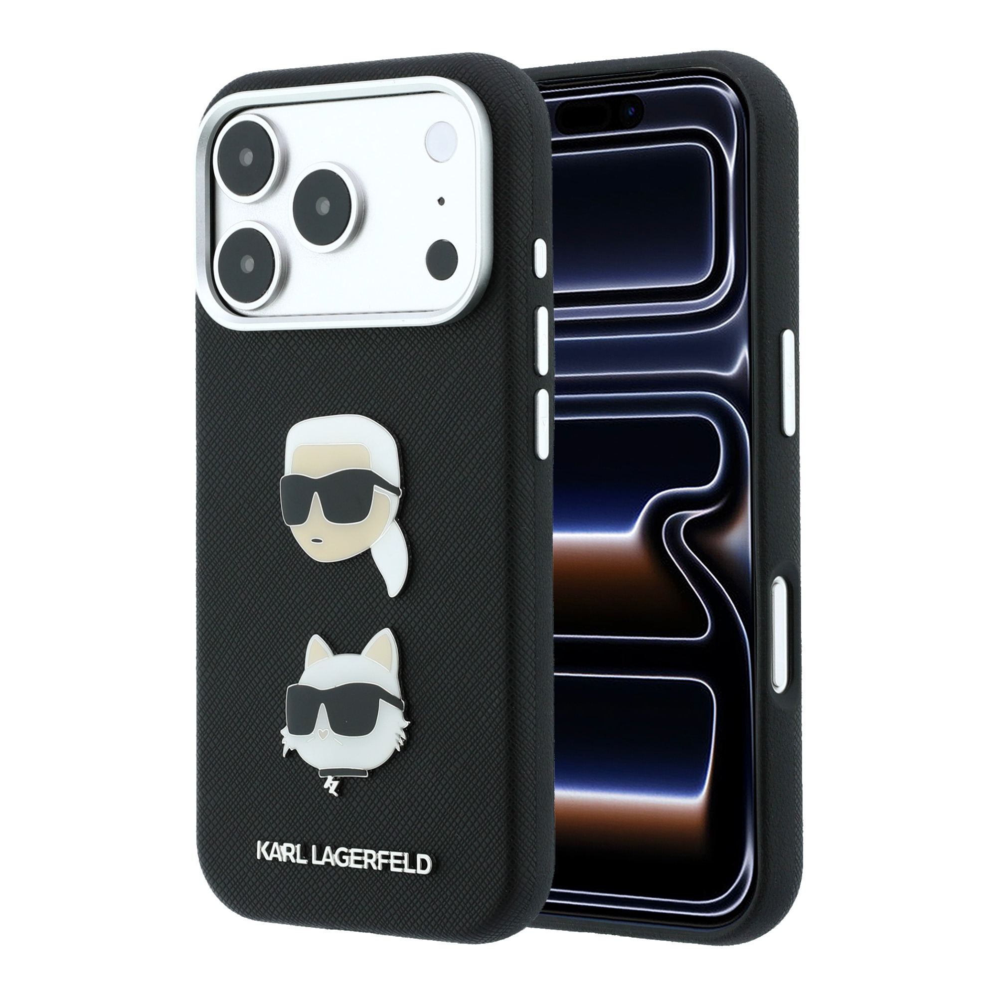 Karl Lagerfeld PU Semi Wrap Saffiano K&CH Heads dėklas, skirtas iPhone 18 Pro, juodas aprašymas - Prekės nuotrauka
