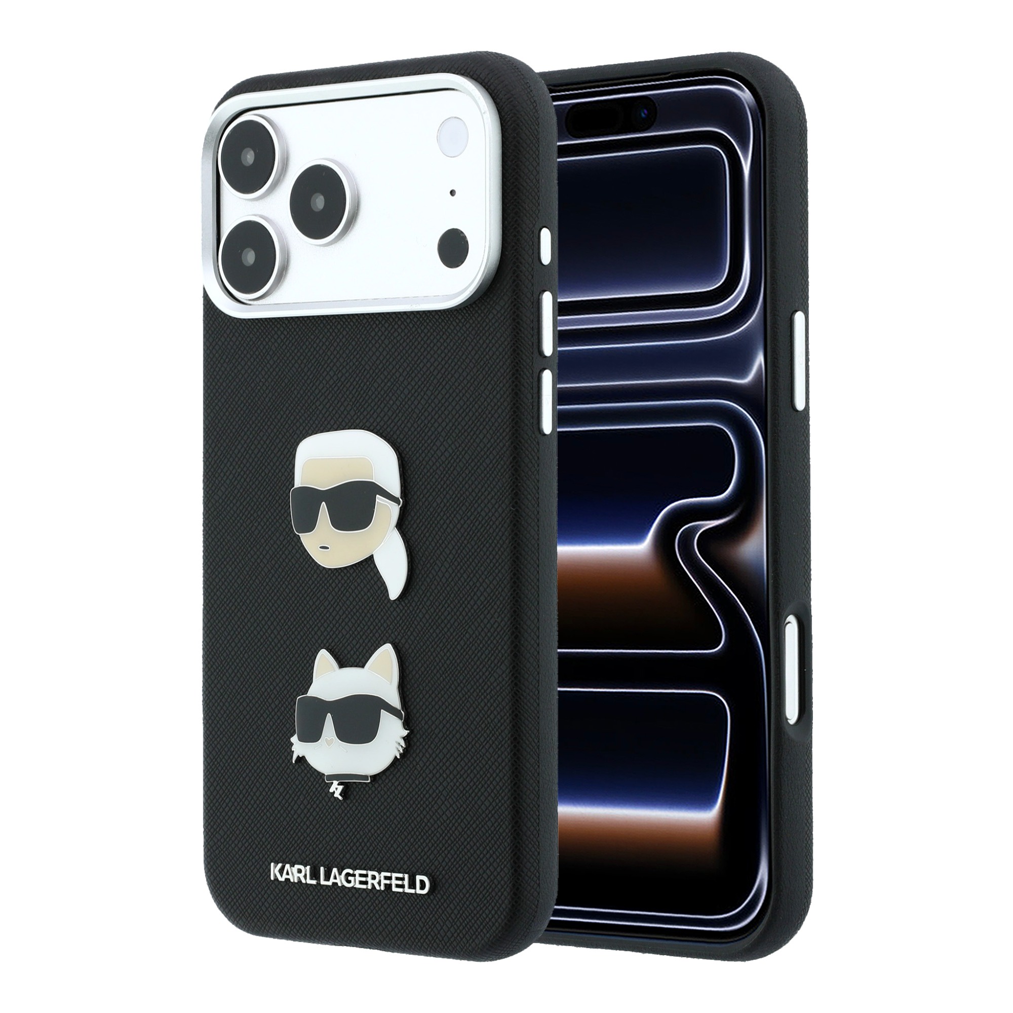 Dėklas Karl Lagerfeld Saffiano Case with Karl & Choupette Heads Pins & Logo for iPhone 18 Pro Max / 17 Pro Max - Juodas aprašymas - Prekės nuotrauka