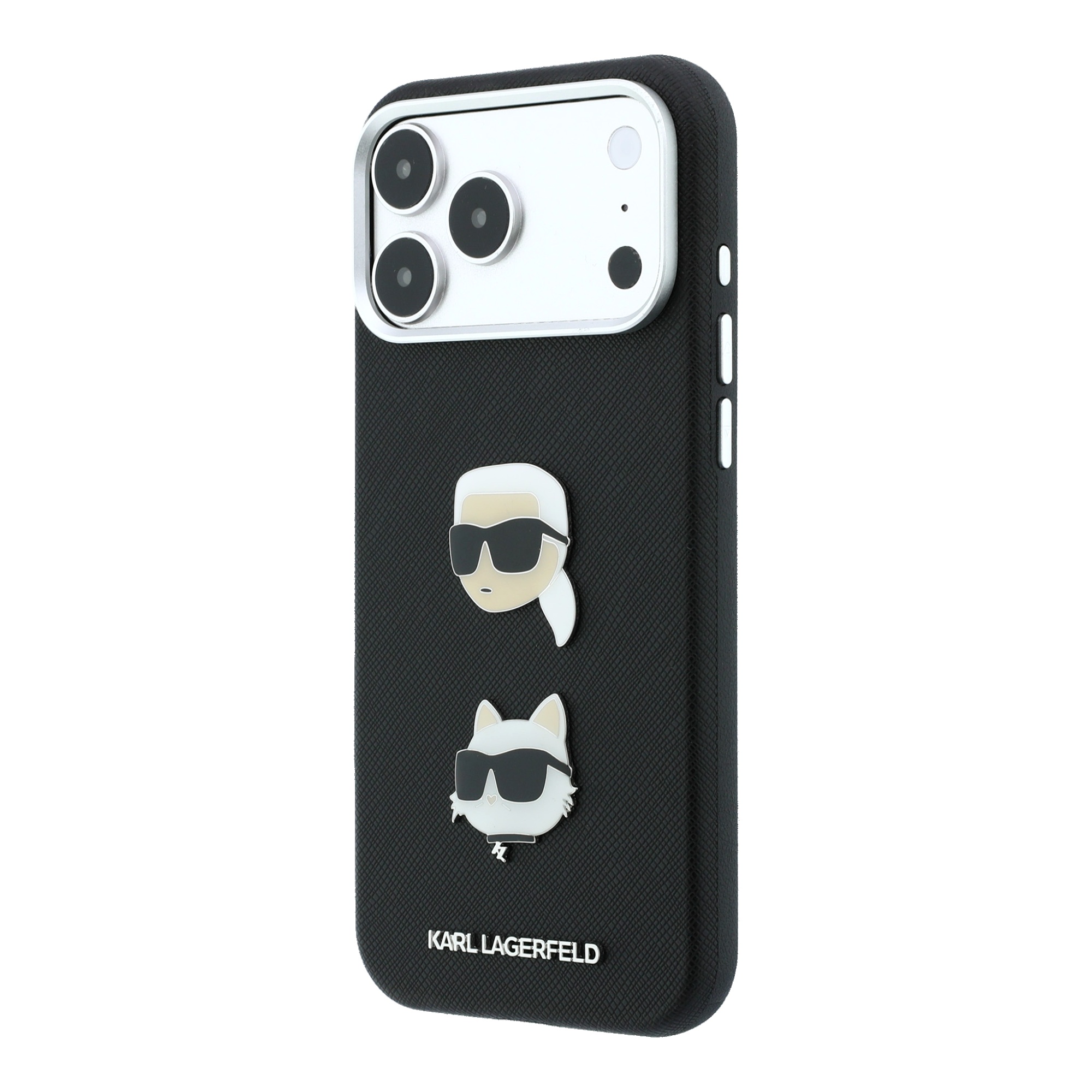 Dėklas Karl Lagerfeld Saffiano Case with Karl & Choupette Heads Pins & Logo for iPhone 18 Pro Max / 17 Pro Max - Juodas aprašymas - Prekės nuotrauka