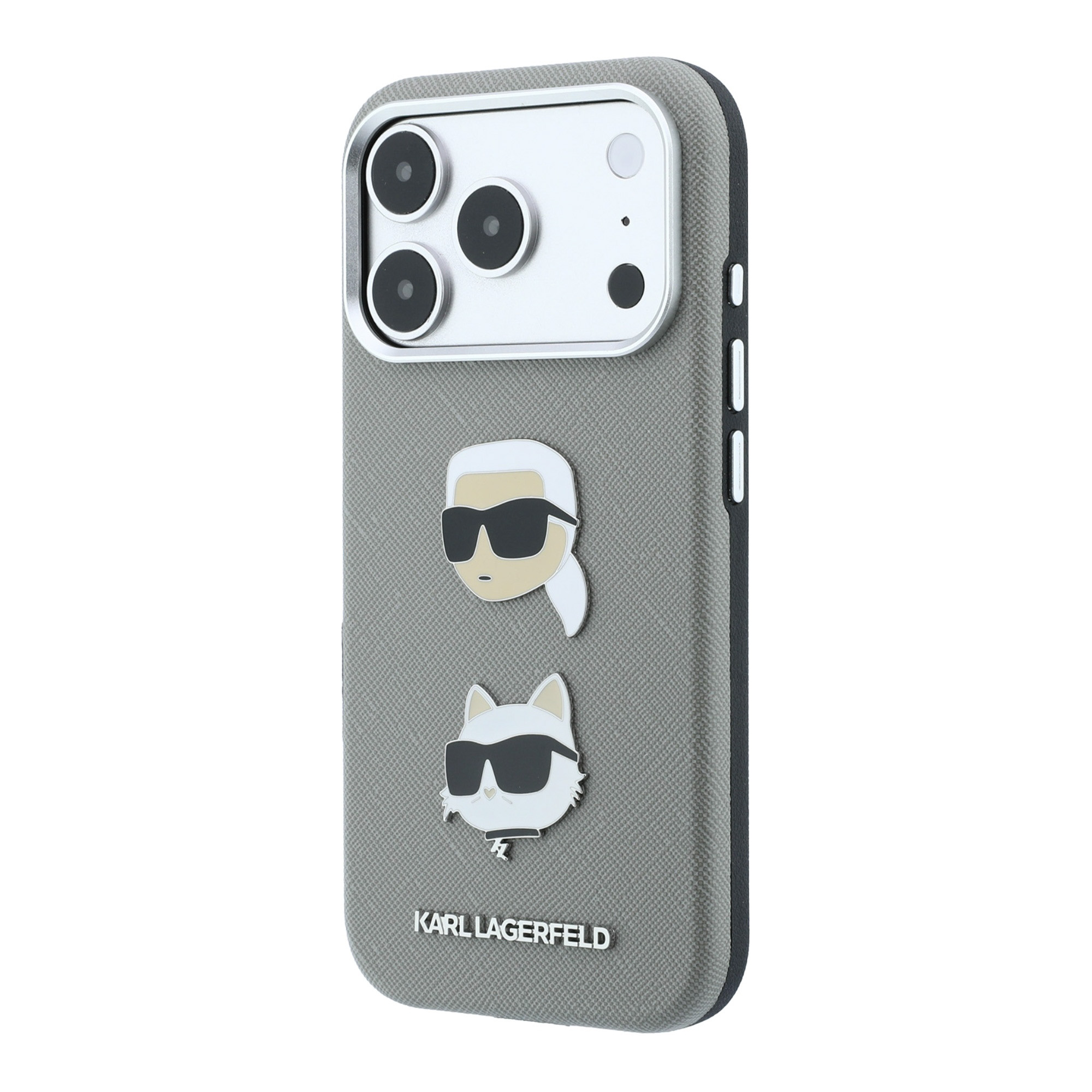 Dėklas Karl Lagerfeld Saffiano Case with Karl & Choupette Heads Pins & Logo for iPhone 18 Pro / 17 Pro - Gray aprašymas - Prekės nuotrauka
