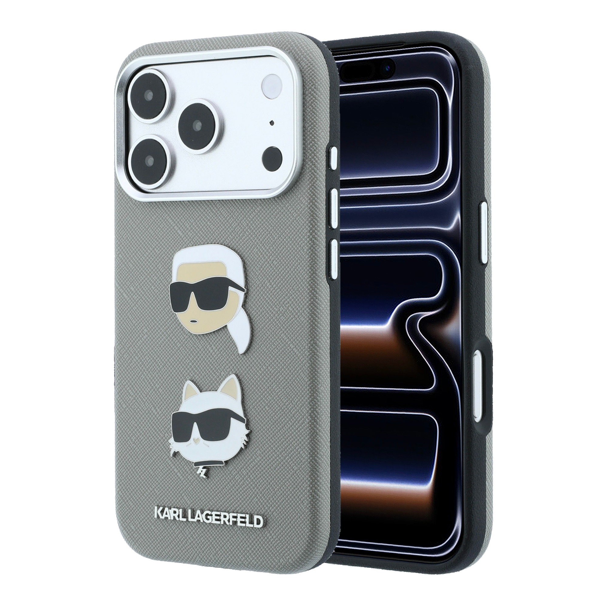 Dėklas Karl Lagerfeld Saffiano Case with Karl & Choupette Heads Pins & Logo for iPhone 18 Pro / 17 Pro - Gray aprašymas - Prekės nuotrauka