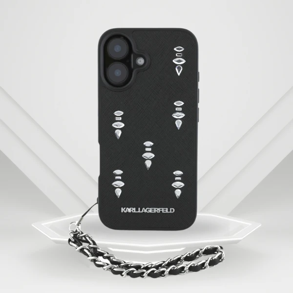 Dėklas Karl Lagerfeld Karlo Lagerfeldo Saffiano kristalai su grandinės iPhone 16 dėklu - Juodas aprašymas - Prekės nuotrauka Dėklas Karl Lagerfeld Karlo Lagerfeldo Saffiano kristalai su grandinės iPhone 16 dėklu - Juodas aprašymas - Prekės nuotrauka