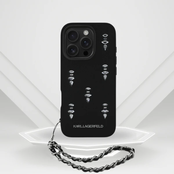 Dėklas Karl Lagerfeld Karlo Lagerfeldo Saffiano kristalai su grandininiu iPhone 16 Pro dėklu – Juodas aprašymas - Prekės nuotrauka Dėklas Karl Lagerfeld Karlo Lagerfeldo Saffiano kristalai su grandininiu iPhone 16 Pro dėklu – Juodas aprašymas - Prekės nuotrauka