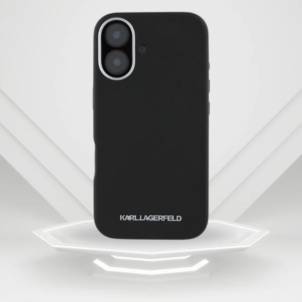 Karl Lagerfeld Saffiano Full Wrapped Elongated Metal Logo MagSafe Apple iPhone 16 dėklas telefonui juodos spalvos aprašymas - Prekės nuotrauka Karl Lagerfeld Saffiano Full Wrapped Elongated Metal Logo MagSafe Apple iPhone 16 dėklas telefonui juodos spalvos aprašymas - Prekės nuotrauka