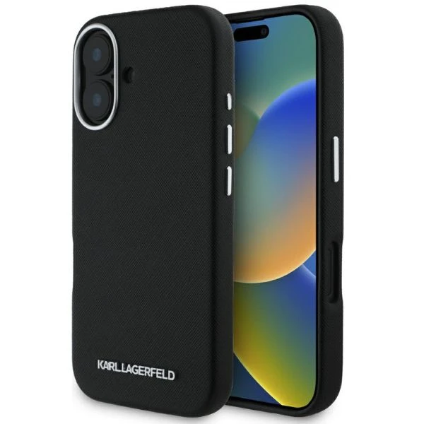 Karl Lagerfeld Saffiano Full Wrapped Elongated Metal Logo MagSafe Apple iPhone 16 dėklas telefonui juodos spalvos aprašymas - Prekės nuotrauka Karl Lagerfeld Saffiano Full Wrapped Elongated Metal Logo MagSafe Apple iPhone 16 dėklas telefonui juodos spalvos aprašymas - Prekės nuotrauka