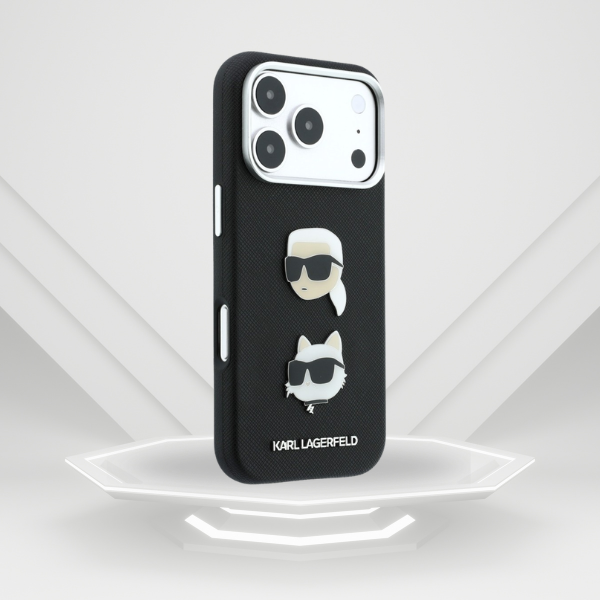 Dėklas Karl Lagerfeld Saffiano Karl&Choupette Heads Pins Strap Logo Case for iPhone 18 Pro / 17 Pro - Juodas aprašymas - Prekės nuotrauka