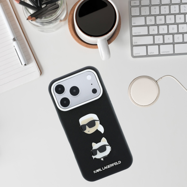 Dėklas Karl Lagerfeld Saffiano Karl&Choupette Heads Pins Strap Logo Case for iPhone 18 Pro / 17 Pro - Juodas aprašymas - Prekės nuotrauka