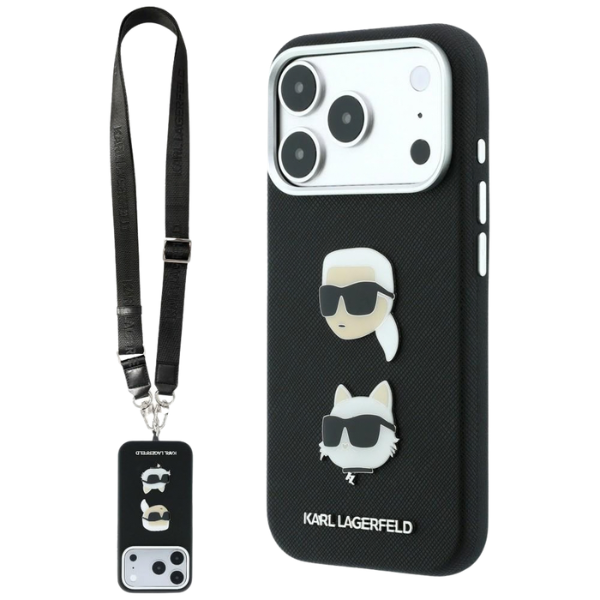 Dėklas Karl Lagerfeld Saffiano Karl&Choupette Heads Pins Strap Logo Case for iPhone 18 Pro / 17 Pro - Juodas aprašymas - Prekės nuotrauka