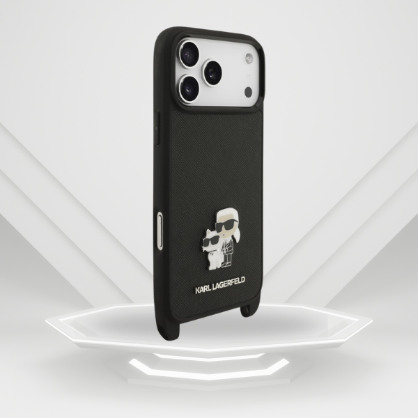 Karl Lagerfeld Saffiano Crossbody dirželis Karl and Choupette dėklas iPhone 18 Pro Max juodas aprašymas - Prekės nuotrauka