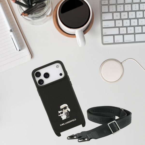 Karl Lagerfeld Saffiano Crossbody dirželis Karl and Choupette dėklas iPhone 18 Pro Max juodas aprašymas - Prekės nuotrauka