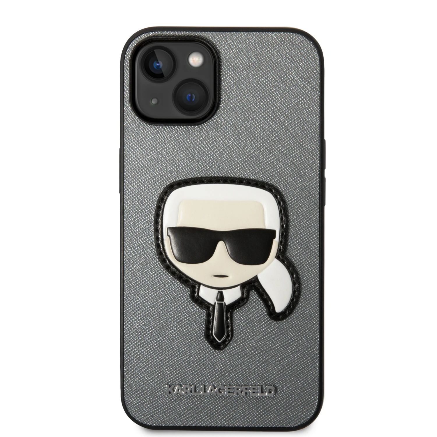„Karl Lagerfeld Saffiano Karl's Head Patch“ dėklas, skirtas „iPhone 14“ - sidabrinis aprašymas - Prekės nuotrauka
