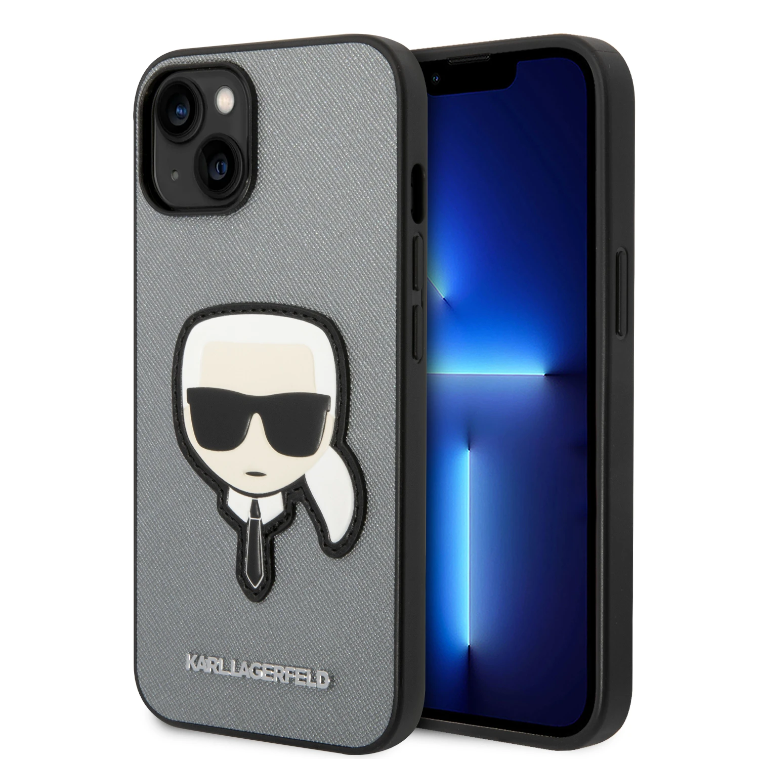 „Karl Lagerfeld Saffiano Karl's Head Patch“ dėklas, skirtas „iPhone 14“ - sidabrinis aprašymas - Prekės nuotrauka